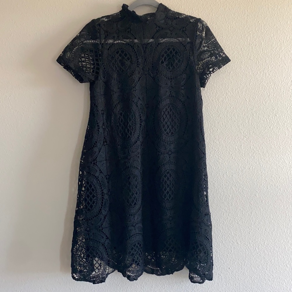 Black Lace Mini Dress W/ Shirt Sleeves & High Neck